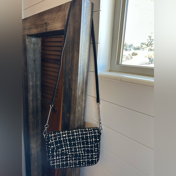 Nine West tweed crossbody bag black cream chain strap shoulder purse - Picture 2 of 6